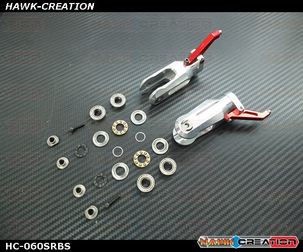 Hawk Creation LOGO 600/SE Metal Main Rotor Grips V2 (Silver, Red Arm) With Bearing Set